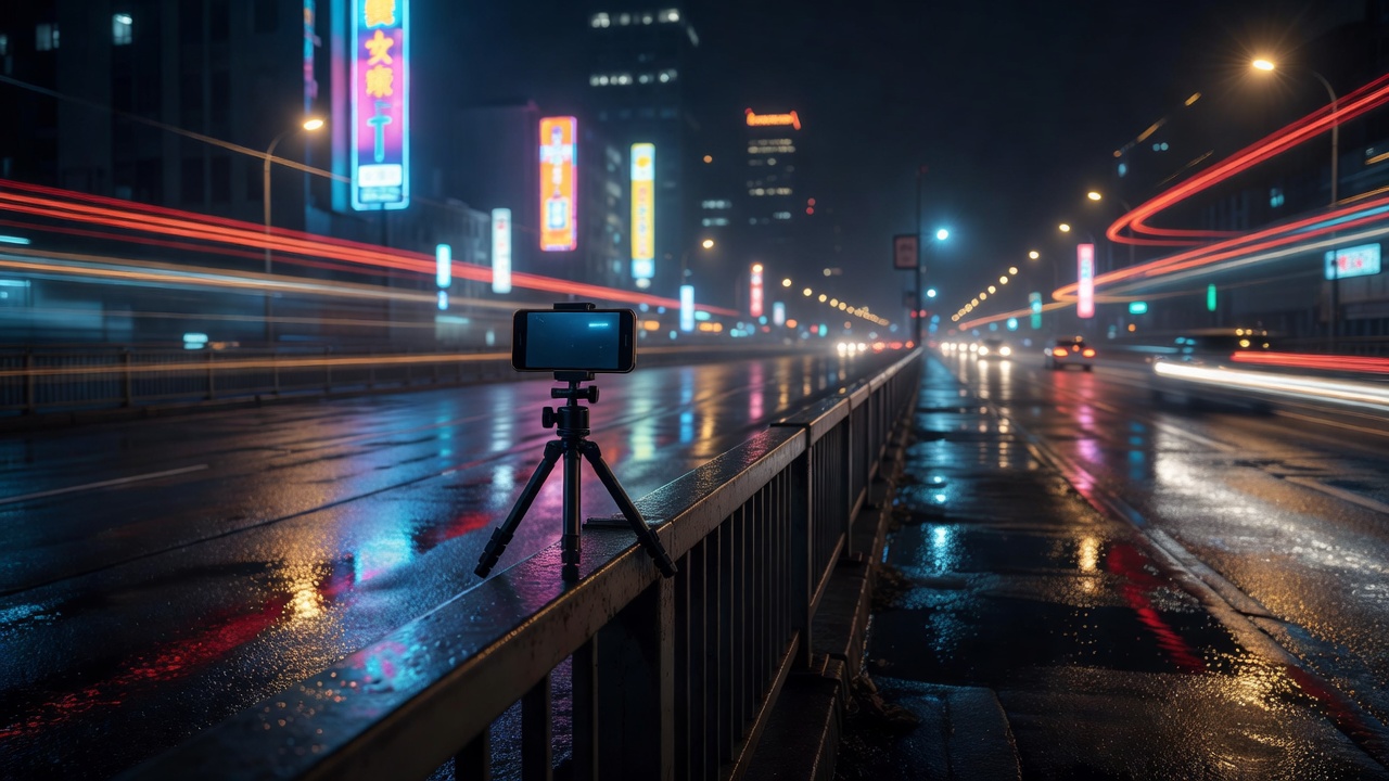 夜晚城市街头用手机拍摄霓虹灯牌与车流灯轨的实景照片